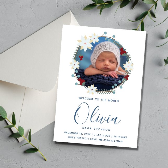 Julutandning Foto Nyfödd bebis Birth Anountion Meddelande (Christmas Wreath Photo New Baby Birth Announcement)