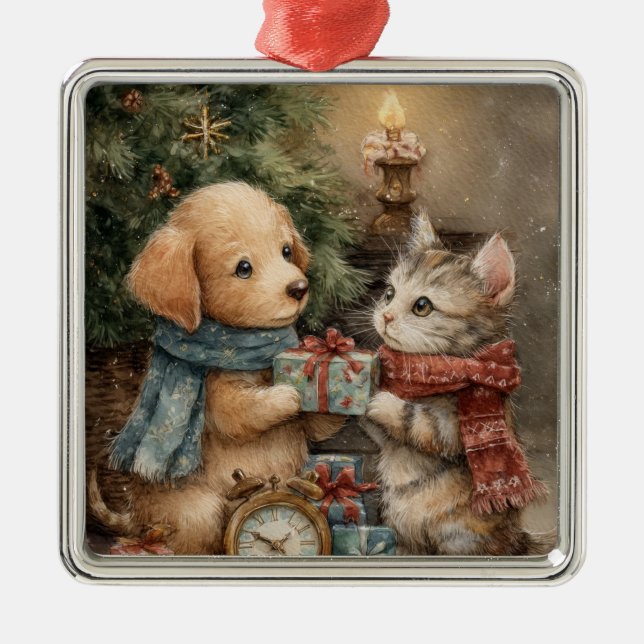 Julvalp och kattungepresent julgransprydnad metall (Framsidan)