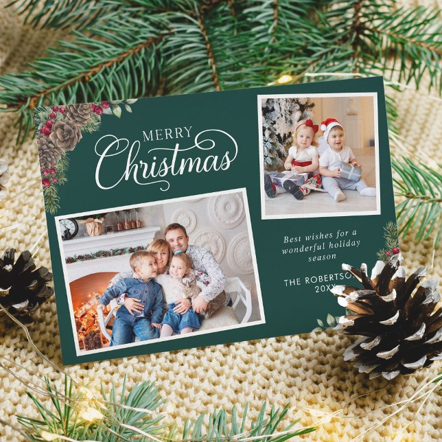 Julvattenfärg Botaniskt 2 Foto Mörk grönt Julkort (Skapare uppladdad)