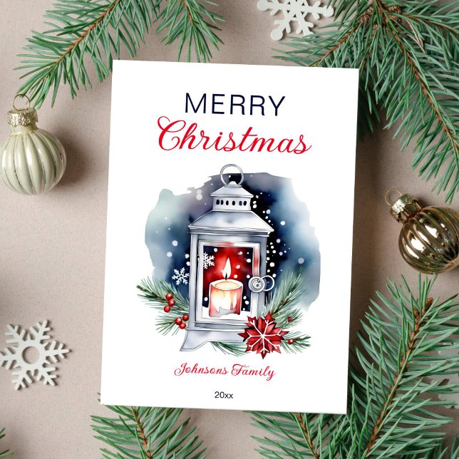 Julvattenfärg, lternpoinsettia julkort (Christmas greeting card modern watercolor template digital download lantern with candle poinsettia)