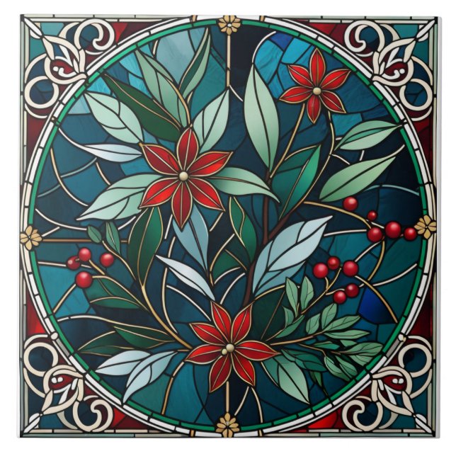 Julväxter Röda Blommor Gröna Blad Eleganta Kakelplatta (Framsidan)