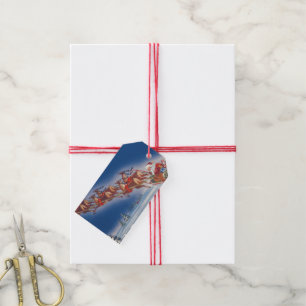 Julvintage, jultomten flyger släde med renar presentetikett