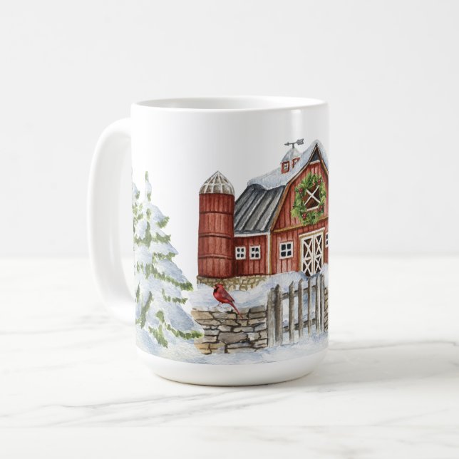 Julvinter Barn Snögubbe Träd Red Bird Snö Kaffemugg (Framsida vänster)