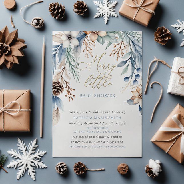 Julvinter-Blommigten Merry Little Baby Shower Inbjudningar (Christmas Winter Floral Merry Little Baby Shower Invitation)