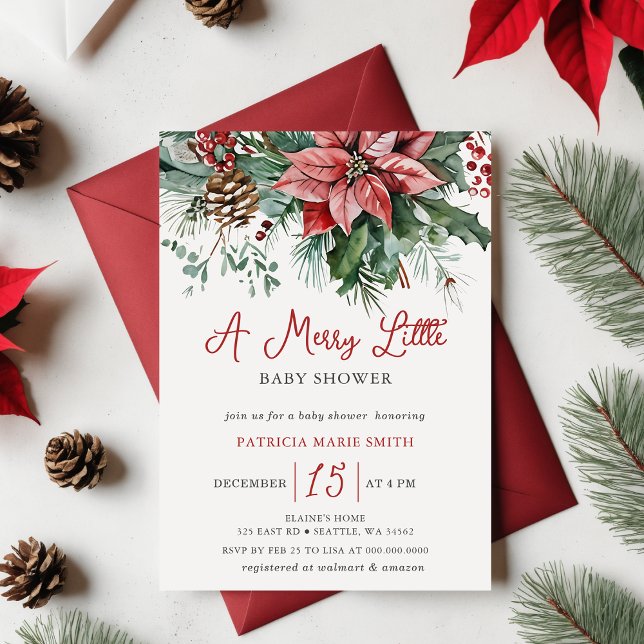 Julvinter-Blommigten Merry Little Baby Shower Inbjudningar (Christmas Winter Floral Merry Little Baby Shower Invitation)
