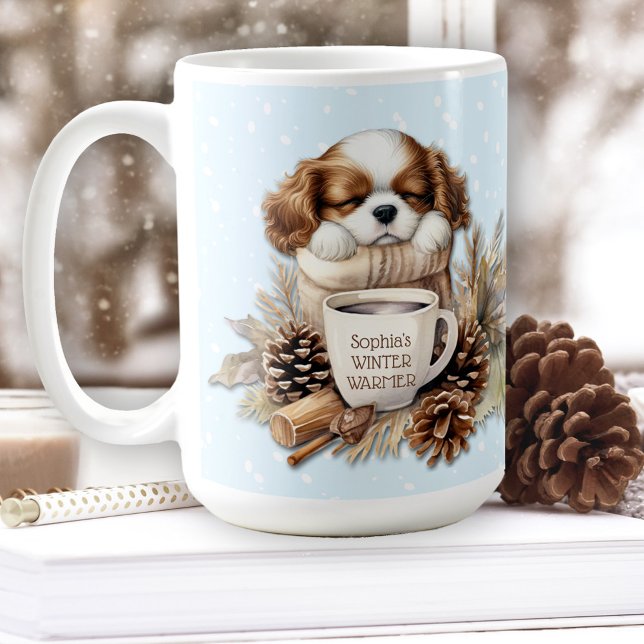Julvinter Blue Cavalier Kung Charles Large Kaffemugg (Christmas Winter Blue Cavalier King Charles Large Coffee Mug)