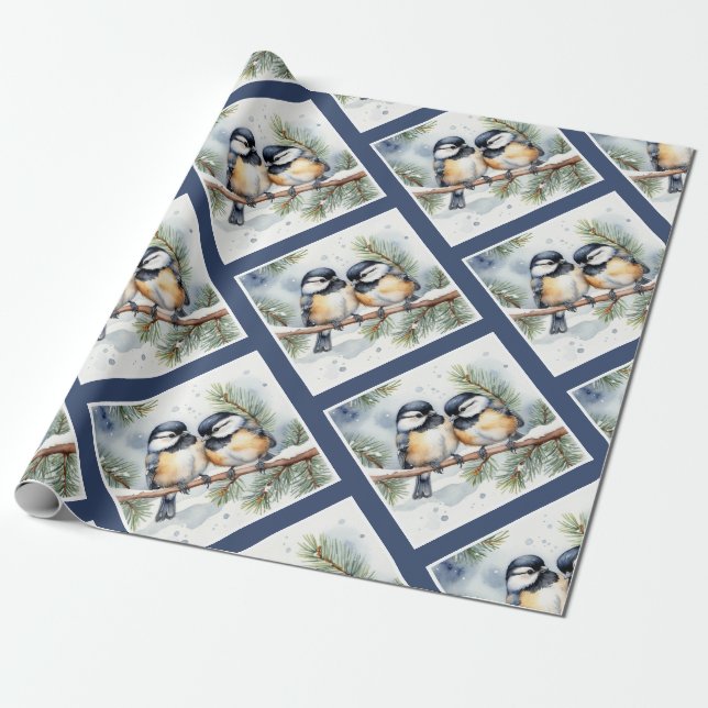 Julvinter Cute Chickadee Birds Presentpapper (Utrullad)