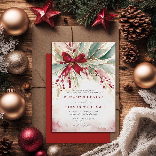Julvinter Greenery Red Bow Rustic Bröllop Inbjudningar (christmas wedding invitation country cottage cozy chic red bow watercolor elegant bohemian)
