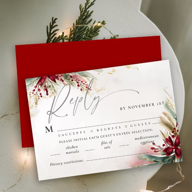 Julvinter-Grönten Red Bow Meal-Bröllopet OSA (winter wedding christmas bow greenery berries watercolor rsvp card meal choice elegant modern)