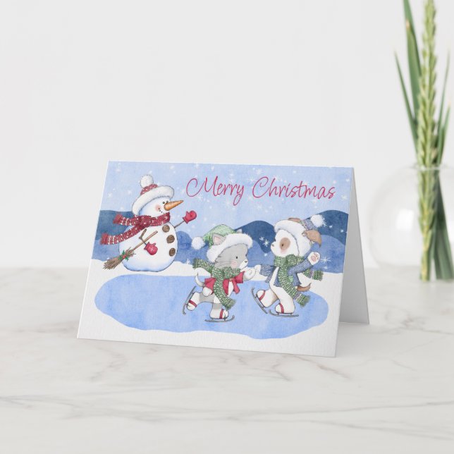 Julvinter-Hund Kat-julkort Snögubbe Tack Kort (Framsida)