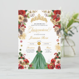 Julvinter Red Grönt Poinsettia Quinceanera Inbjudningar