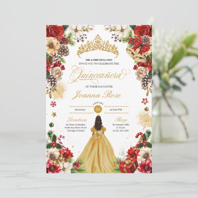 Julvinter Red & Guld Poinsettia Quinceanera Inbjudningar (Stående Fram)