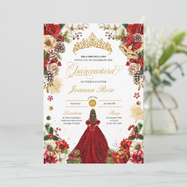 Julvinter Red & Guld Poinsettia Quinceanera Inbjudningar (Stående Fram)
