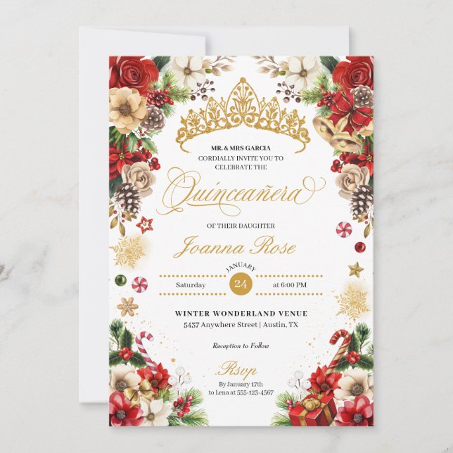 Julvinter Red & Guld Poinsettia Quinceanera Inbjudningar (Framsida)