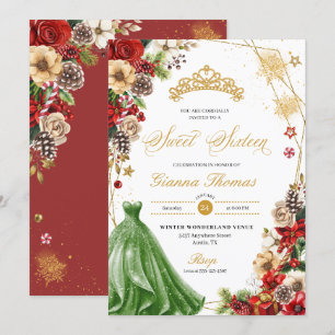 Julvinter Red & Guld Poinsettia Sweet 16 Inbjudningar