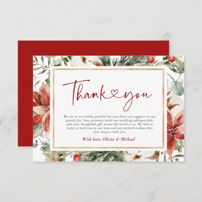 Julvinter Röda Grönten Guld Bröllop Tack Kort (Fram/baksida)