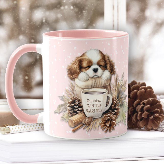 Julvinter Rosa Cavalier Kung Charles Puppy Mugg (Christmas Winter Pink Cavalier King Charles Puppy Mug)