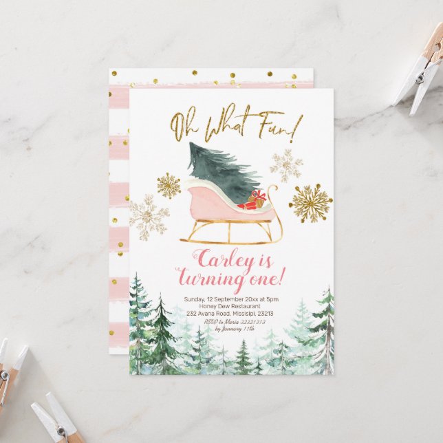Julvinter Sleigh Oh What Roligt First Birthday Inbjudningar (Fram/Back In Situ)
