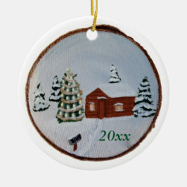 Julvinter Snö Scene Cabin Träd Ornaments Julgransprydnad Keramik