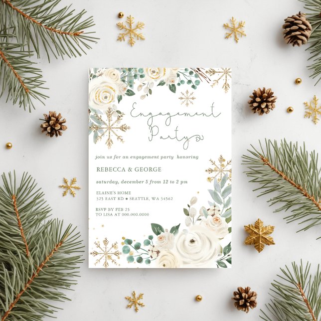 Julvinter Snowflake Blommigt Förlovning Inbjudningar (Christmas Winter Snowflake Floral Engagement Invitation)