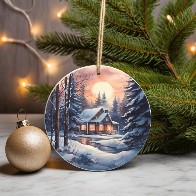 Julvinter Woodland Vattenfärg Mysiga Cabin Julgransprydnad Keramik (Skapare uppladdad)