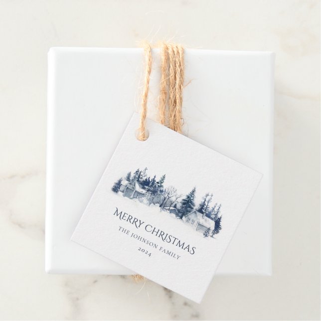 Julvinterbyn Liggande blå vit Gåvor Etiketter (På plats)