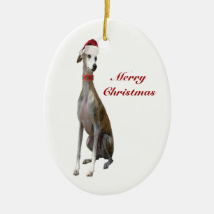 Julvinthundhund i Santa hattprydnad Julgransprydnad Keramik