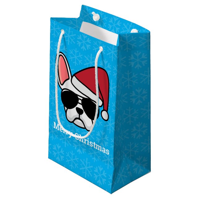 Julvit Fransk Bulldog Small Gift Bag (Framsidan Vinklad)