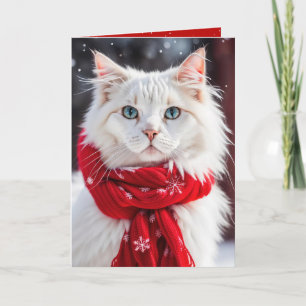 Julvit katt med röd halsduk kort