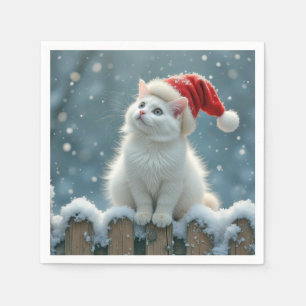 Julvit Katt Wearing a Santa Hat Pappersservett