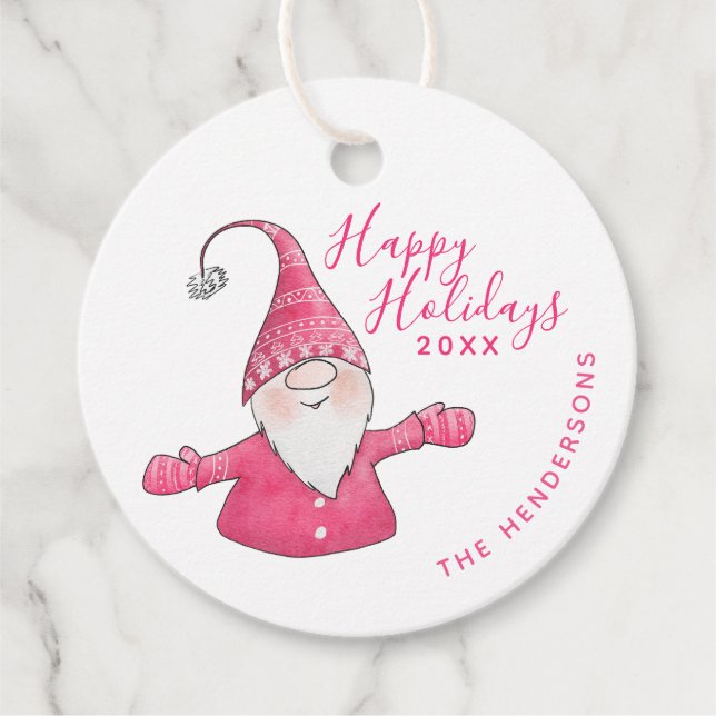 Julvit och Rosa Gnome Glad helg Gåvor Etiketter (Framsida)
