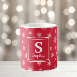 Julvit snöflingor Red monogram Kaffemugg