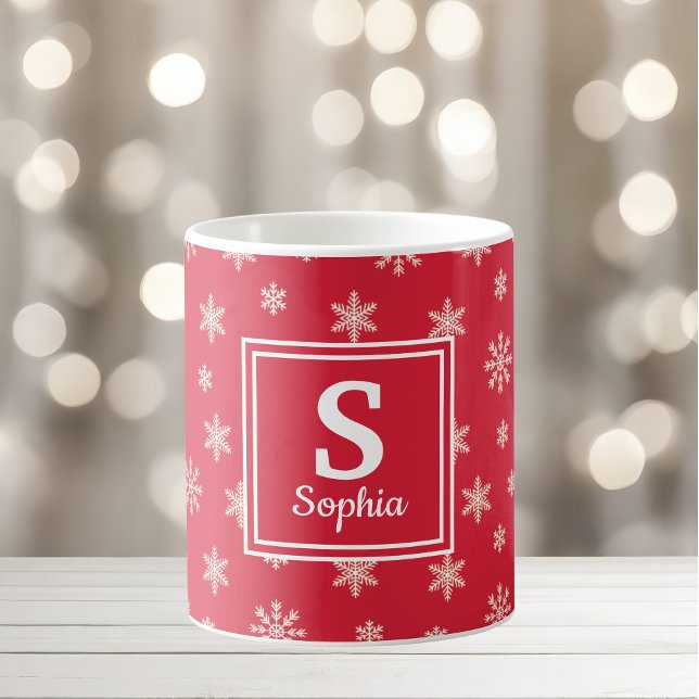Julvit snöflingor Red monogram Kaffemugg (Skapare uppladdad)