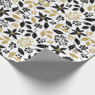 Julvit svart Guld Holly botaniskt Presentpapper