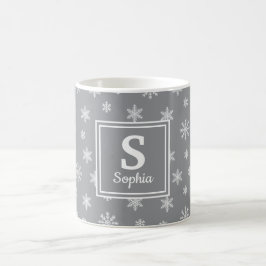 Julvita snöflingor Grått-monogram Kaffemugg