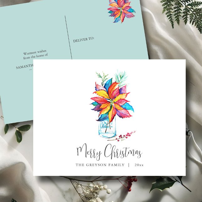 Julvykort Färgfull botanisk poinsettia Helg Vykort (Christmas postcard watercolor poinsettia art by Victoria Grigaliunas Do Tell A Belle)