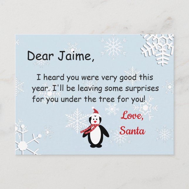 Julvykort från Santa till ett barn Helg Vykort (Framsida)
