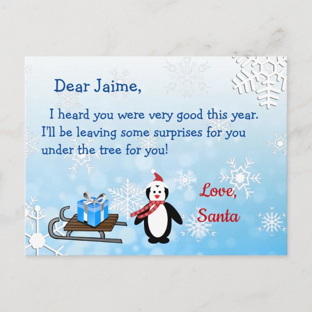 Julvykort från Santa till ett barn Helg Vykort (Framsida)