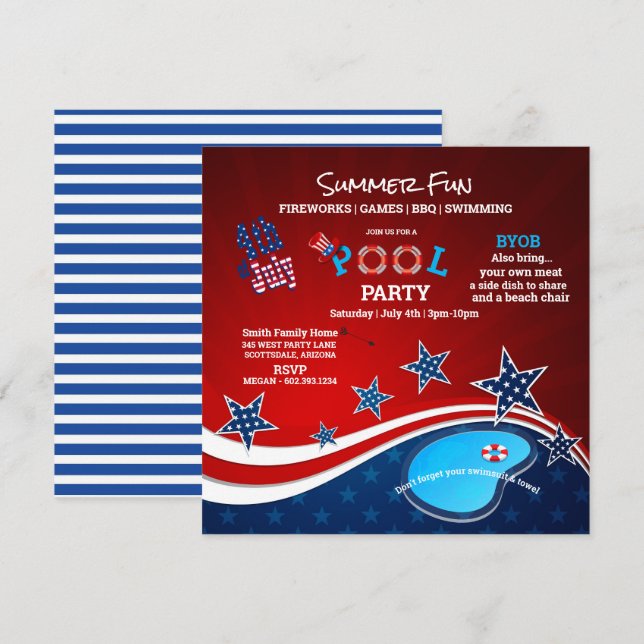 July 4th Pool Party BBQ Fireworks Invitation Inbjudningar (Fram/baksida)