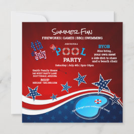 July 4th Pool Party BBQ Fireworks Invitation Inbjudningar