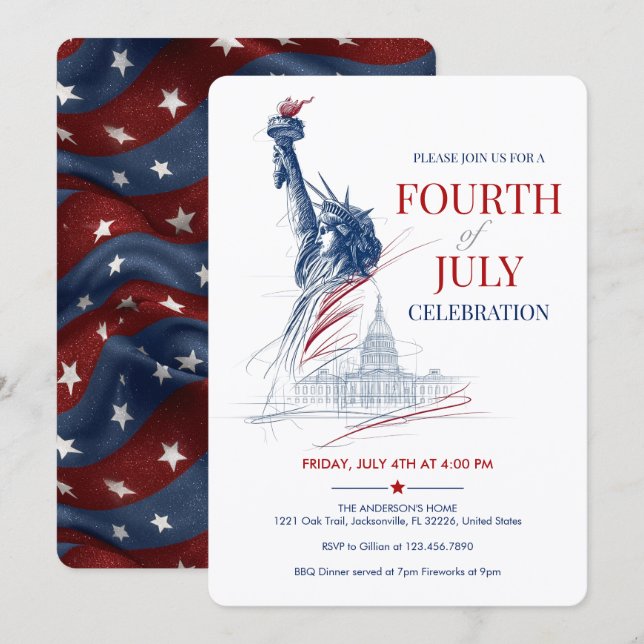 July 4th USA Flag & Statue of Liberty Illustration Inbjudningar (Fram/baksida)