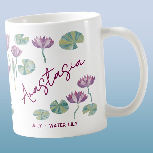 July Birth Flower Custom Name Water Lily Kaffemugg (July birth month flower water Lily watercolor art personalized custom name coffee mug gift)