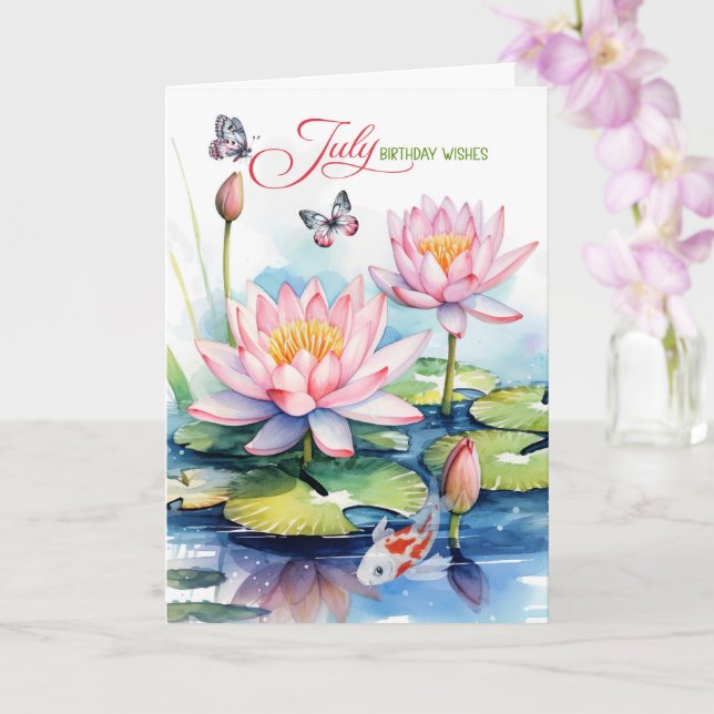 July Birthday Pink Waterlilies and Koi Fish Kort (Orkide)