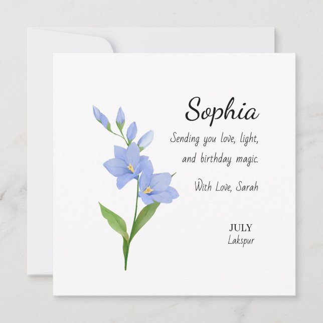 July Larkspur Personalized Birthday Kort (Framsida)