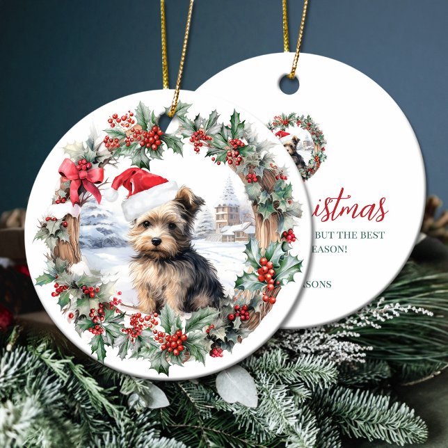 Julyorkshire hund puppy Santa hat Julgransprydnad Keramik (Christmas yorkshire terrier dog puppy Santa hat Ceramic Ornament)