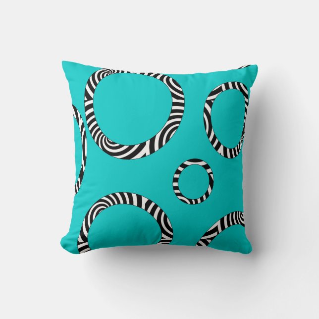 Jumbo Aqua, Black, White Stripe Circles Pillow Kudde (Framsida)