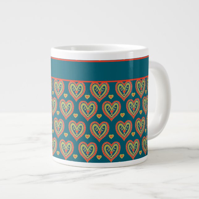 Jumbo Coffee Mugg, Red, Grönt Hearts on Teal Jumbo Mugg (Framsida höger)