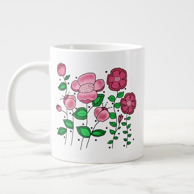 JUMBO Mug - Pink whimsical flowers Mugg (Vänster)