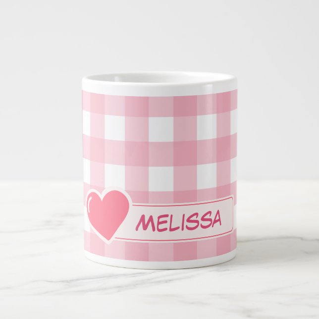 Jumbo Mugg Personlig för Cute Rosa & White Check (Framsidan)