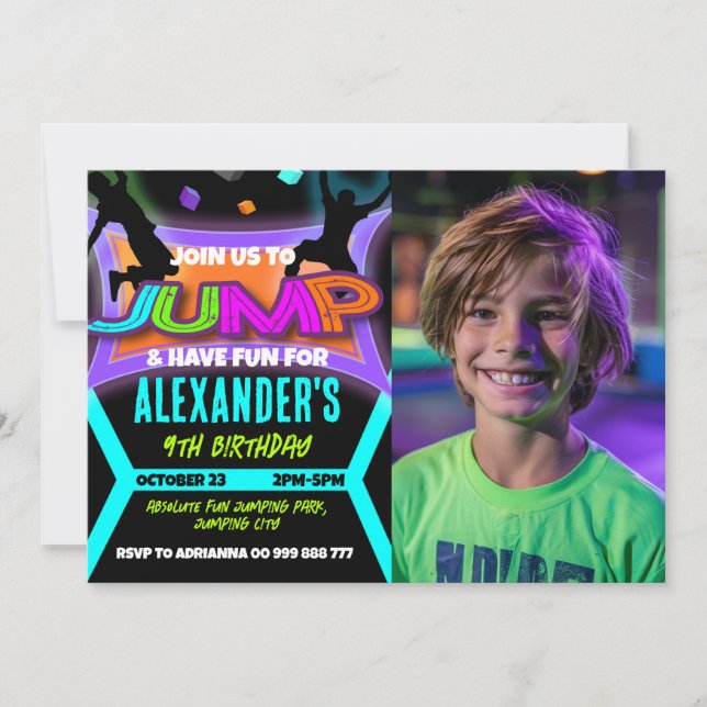 Jump Birthday Bounshus Trampoline Park Photo Inbjudningar (Framsida)
